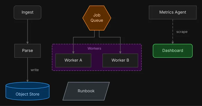 Parts with no edge between them, side by side: an ingest path into an object store, a job queue and its workers, a metrics agent and its dashboard, and a runbook