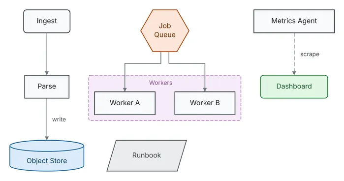 Parts with no edge between them, side by side: an ingest path into an object store, a job queue and its workers, a metrics agent and its dashboard, and a runbook