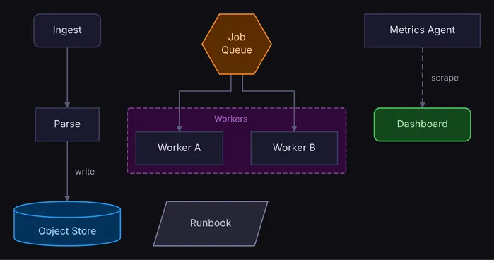 Parts with no edge between them, side by side: an ingest path into an object store, a job queue and its workers, a metrics agent and its dashboard, and a runbook, midnight theme