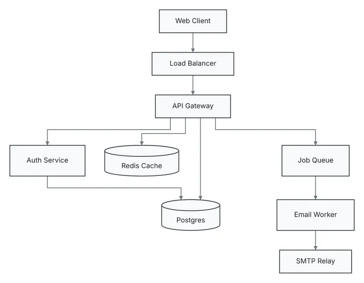 The version after the change: Web Client, Load Balancer, API Gateway, Auth Service, Postgres, Redis Cache, Job Queue, Email Worker and SMTP Relay.
