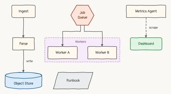 Parts with no edge between them, side by side: an ingest path into an object store, a job queue and its workers, a metrics agent and its dashboard, and a runbook, sketch theme